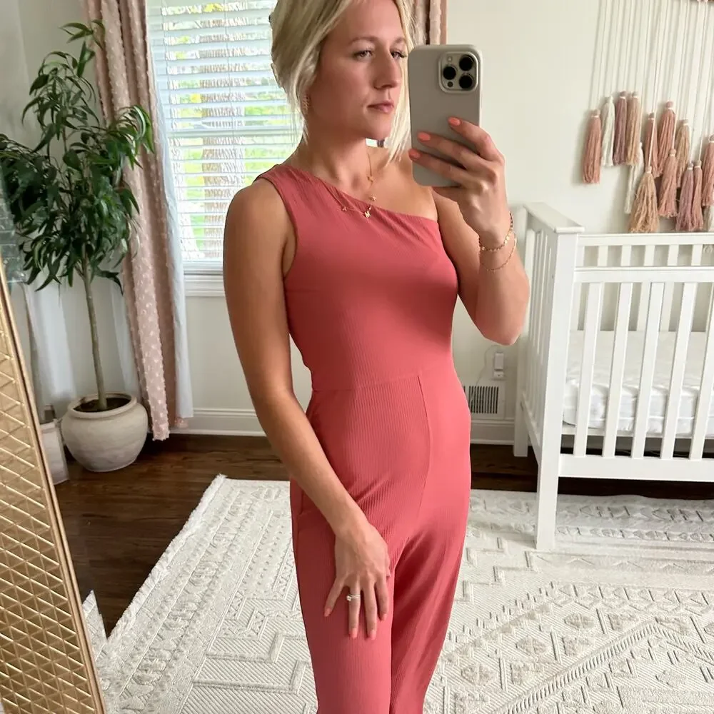 Lovers And Friends Charlie Ribbed Knit One Shoulder Jumpsuit Mauve Pink M - Picture 7 of 12